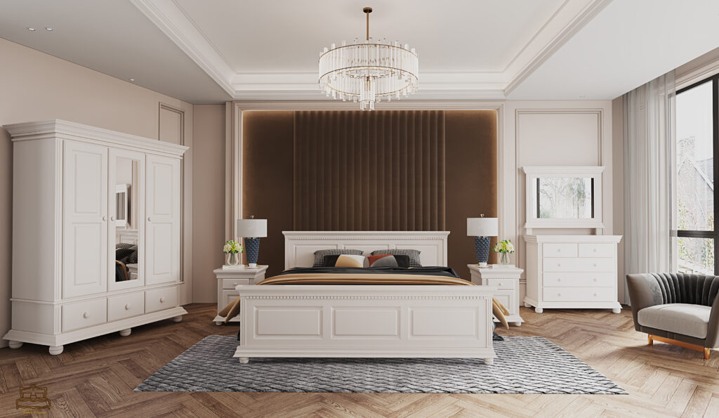 Dormitor Luxus Lemn Masiv, Alb cu dulap cu 3 usi - Dormitoarele din lemn masiv