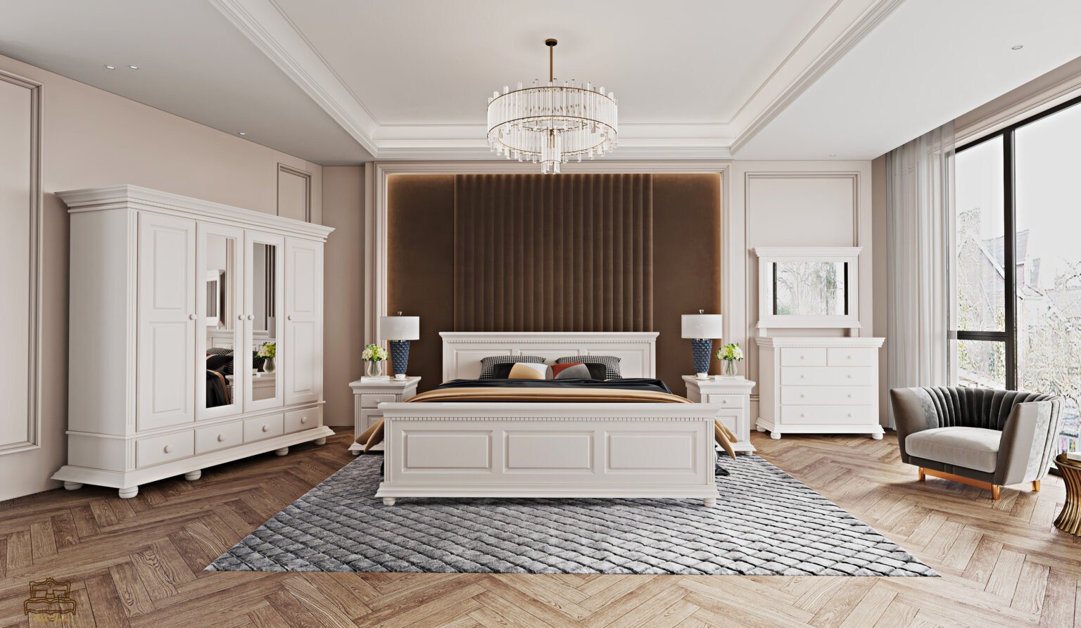 Dormitor Luxus Lemn Masiv, Alb cu dulap cu 4 usi