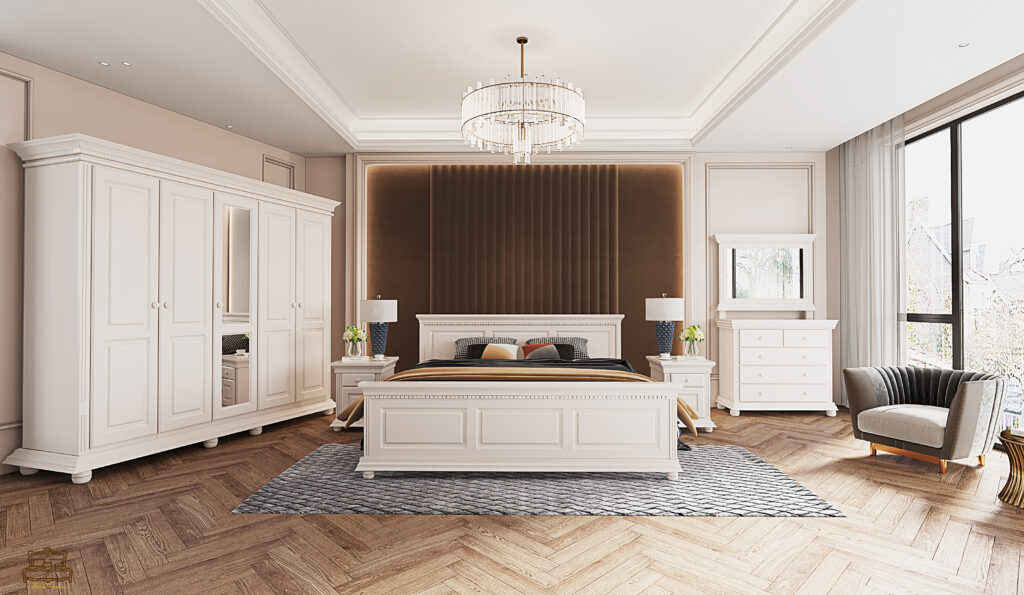 Dormitor Luxus Lemn Masiv, Alb cu dulap cu 5 usi