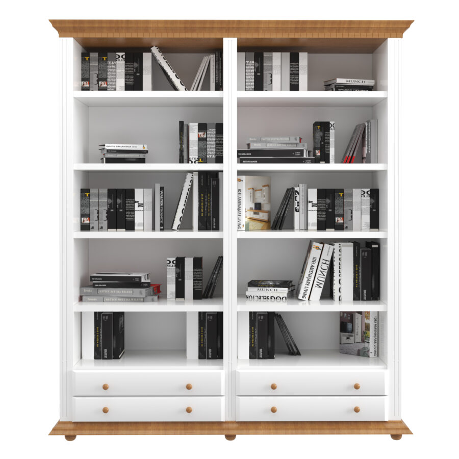 Biblioteca dubla Luxus, alb natur, lemn masiv 180 x 45 x 203cm